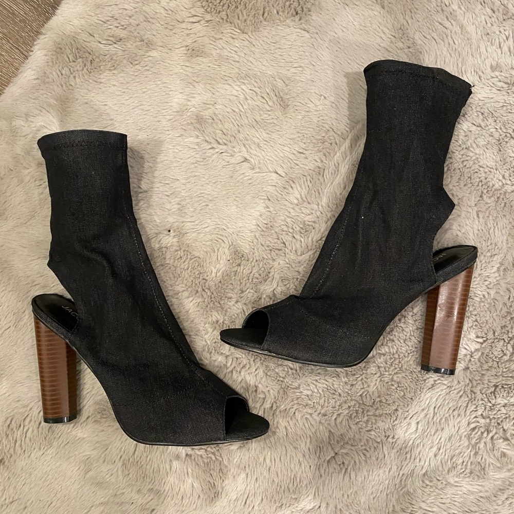 Denim Sock Open Toe Ankle Calf Wooden Stacked Heel Stretch Boots